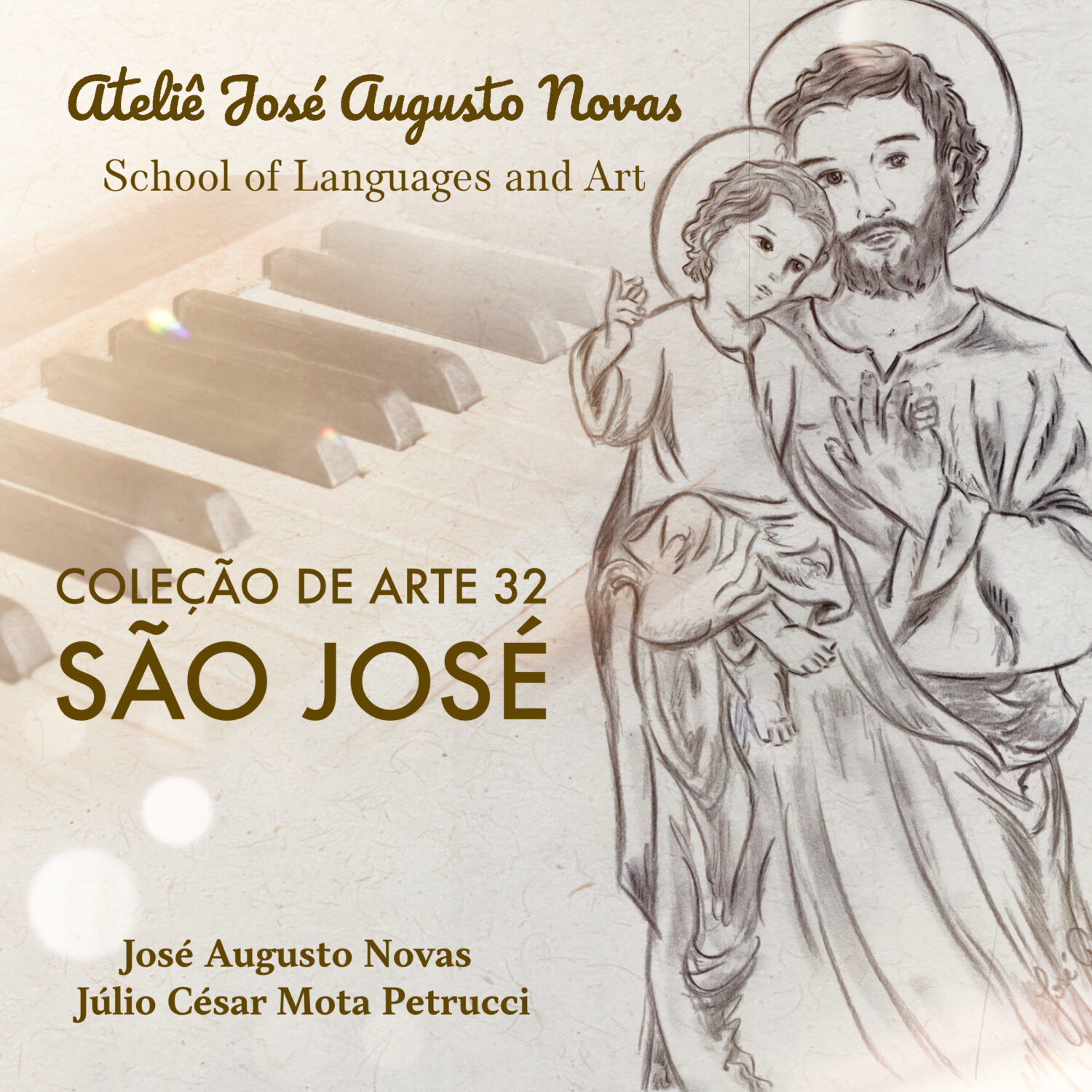 Capa da coleção de arte "São José", da Ateliê José Augusto Novas, apresentando uma ilustração de São José e o menino Jesus sobre um fundo de teclas de piano. Autores: José Augusto Novas e Júlio César Mota Petrucci. UPC: 732138582324.