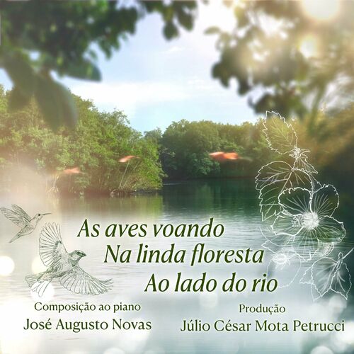 Capa da música "As aves voando", composta ao piano por José Augusto Novas e produzida por Júlio César Mota Petrucci. A imagem apresenta uma paisagem serena, com aves sobrevoando uma linda floresta ao lado de um rio, evocando a beleza e a tranquilidade da natureza. UPC: 732138394606