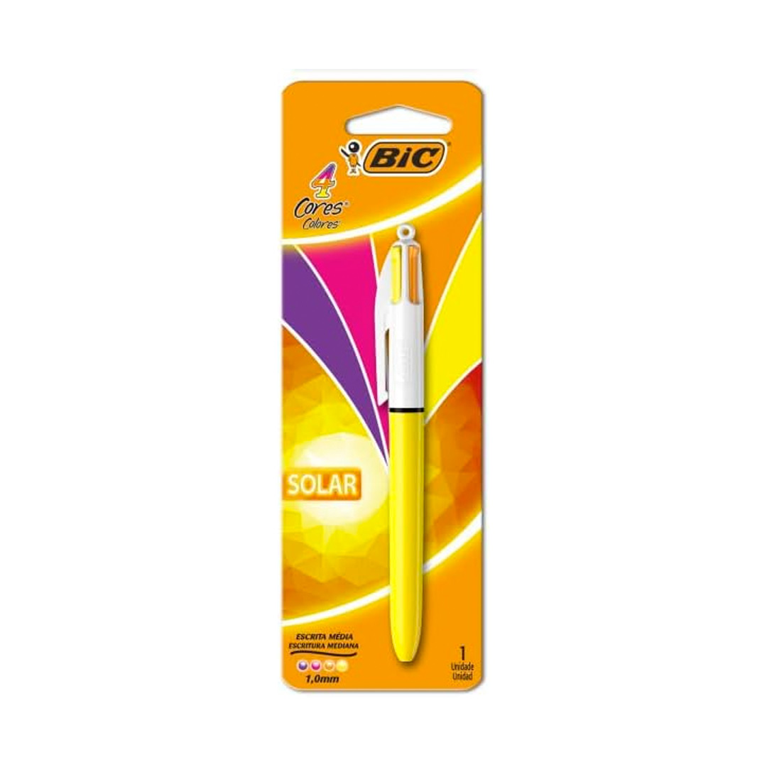 BIC, Caneta Escrita Média Retrátil, 4 Cores Fashion Solar, Corpo Amarelo