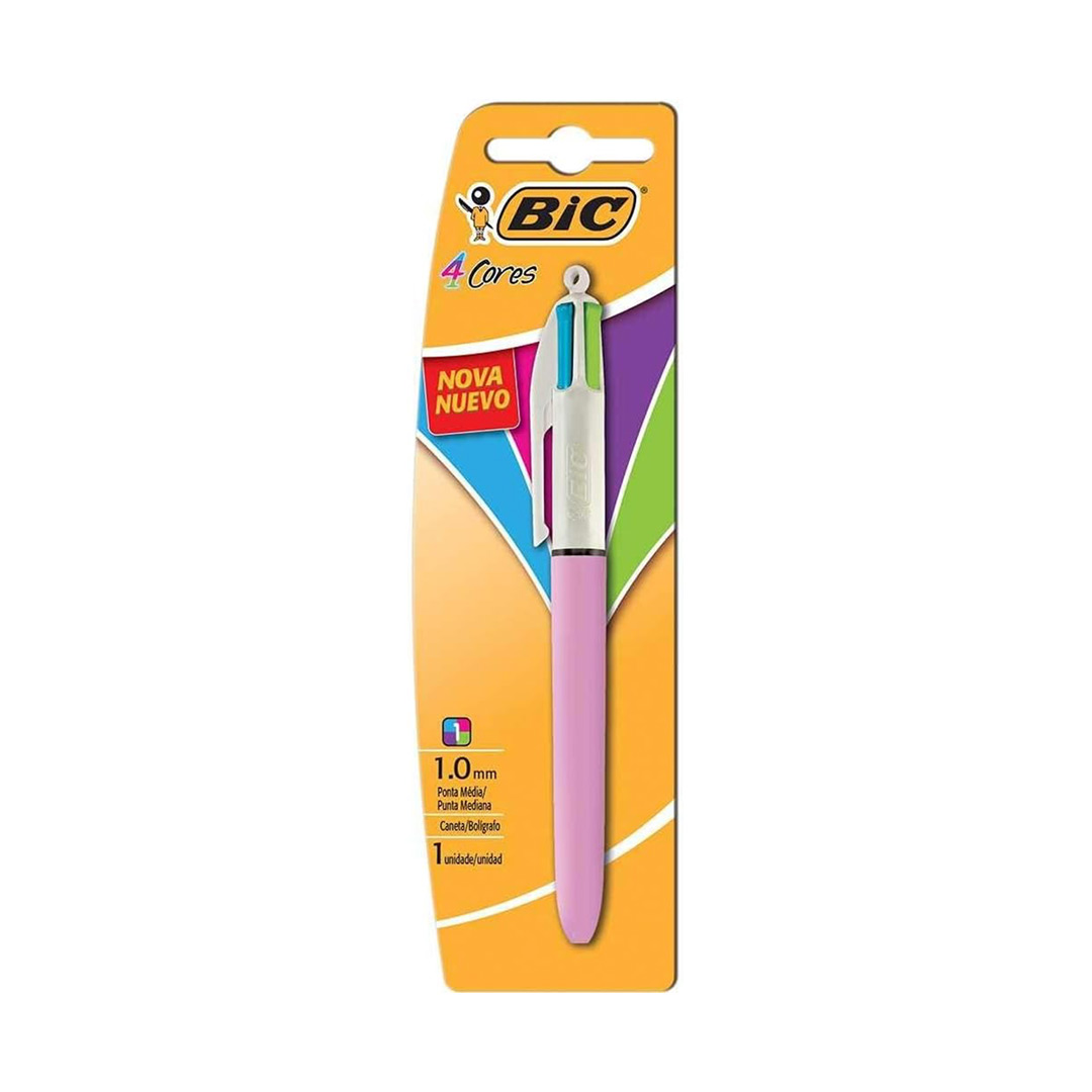 Caneta Bic 4 Cores – Ponta Esferográfica Retrátil Média de 1.0mm – Corpo Rosa, Pacote com 1 Unidade – Cores Fashion: Azul Claro, Verde Claro, Rosa e Roxo