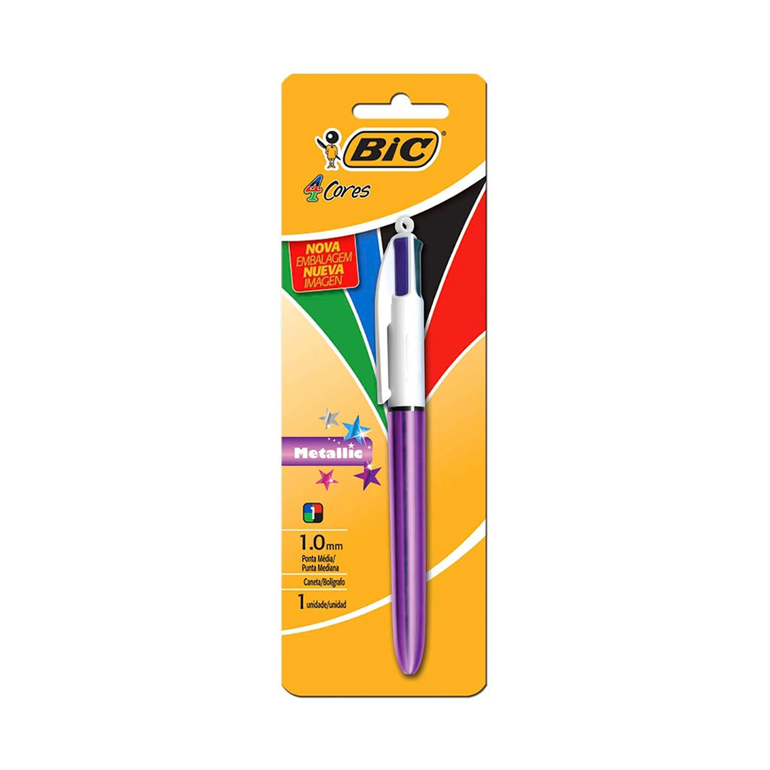 Caneta Bic 4 Cores – Ponta Esferográfica Retrátil Média de 1.0mm – Corpo Roxo Metálico, Pacote com 1 Unidade – Cores Clássicas: Azul, Vermelho, Verde e Preto