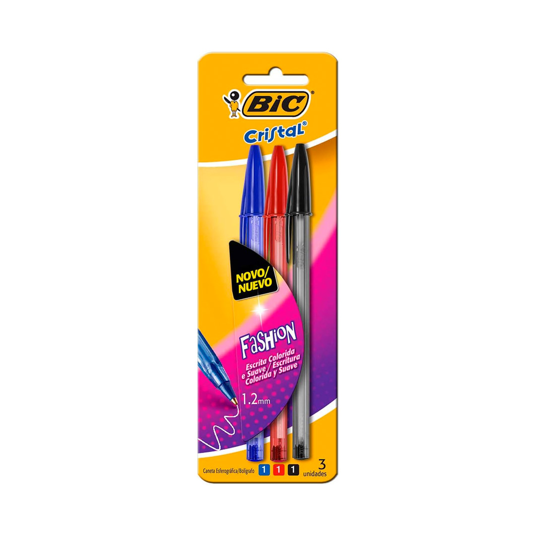 Caneta Esferográfica BIC Cristal Fashion, Ponta Média de 1.2mm, 3 Cores Clássicas, 878656, Blister 1 Unidade