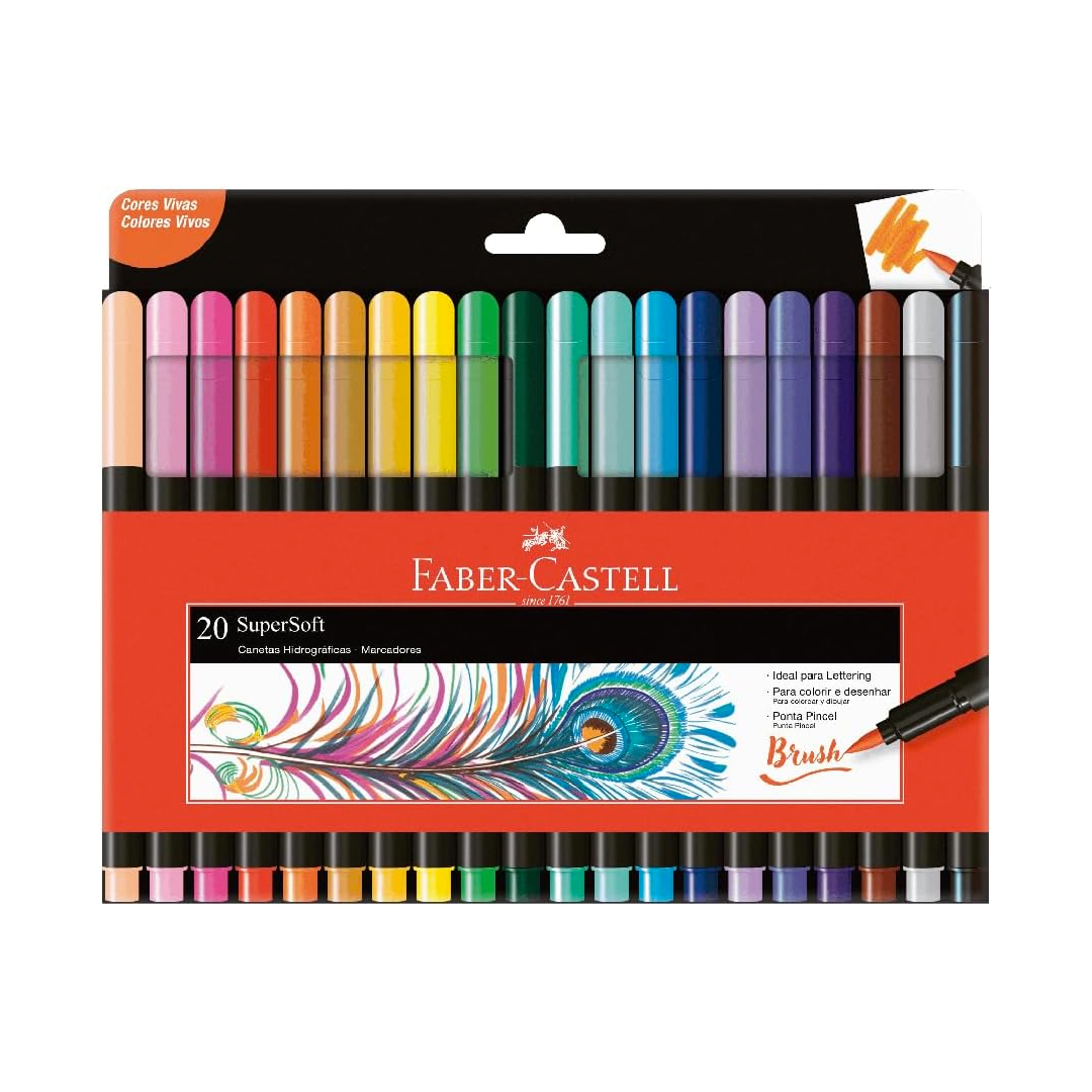 Caneta Ponta Pincel, Lettering, Faber-Castell,Supersoft Brush,15.0720SOFT, 20 cores, Multicor