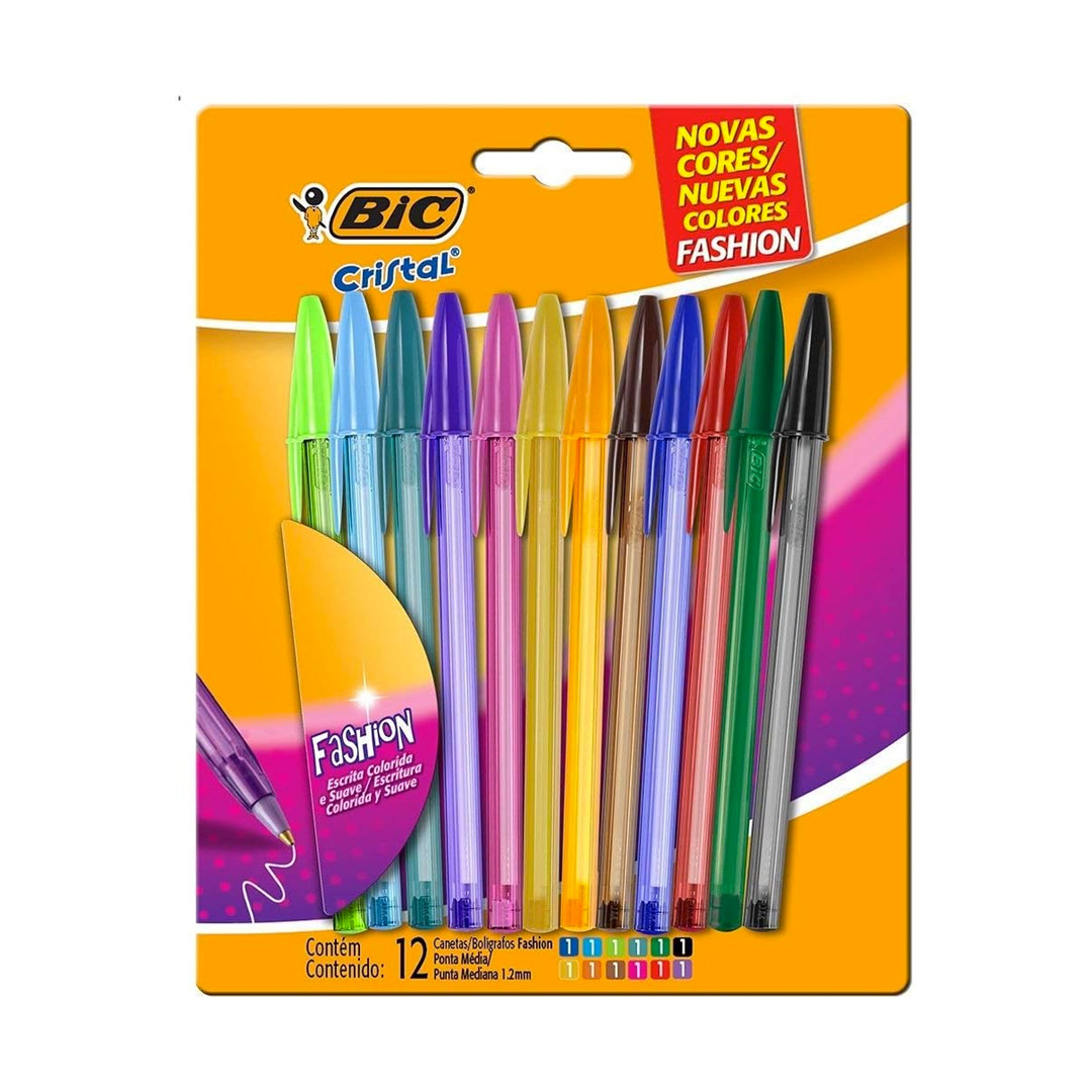 Canetas Coloridas Bic Cristal Fashion 12 Cores Vibrantes, Ponta Esferográfica Média de 1.2mm, Escrita Suave e Cores Vibrantes