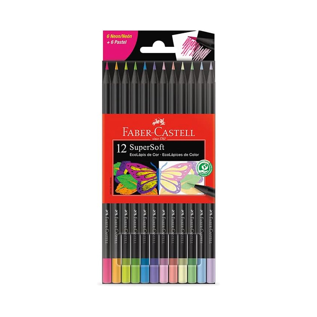 Lapis De Cor Supersoft 12 Cores Neon E Pastel Faber Castell