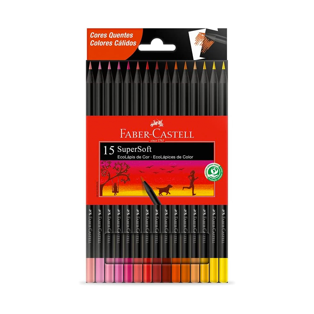 Ecolápis de cor, Faber-Castell, supersoft, 120715SOFTCQ, 15 cores tons quentes, Multicor