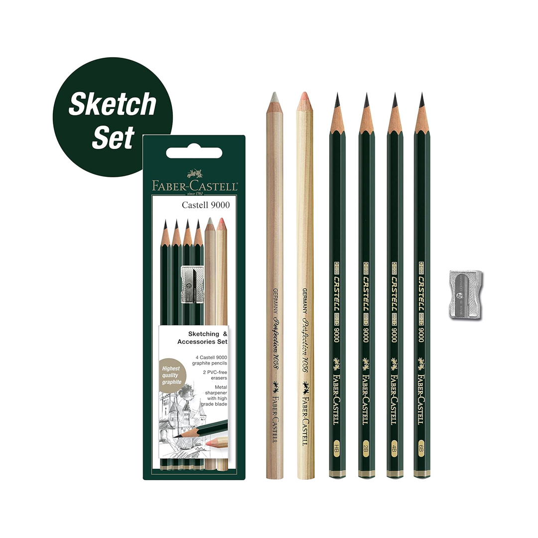 Faber-Castell Conjunto de esboços e acessórios – Lápis de grafite e borracha Castell 9000 – Lápis de arte para desenho e sombreamento