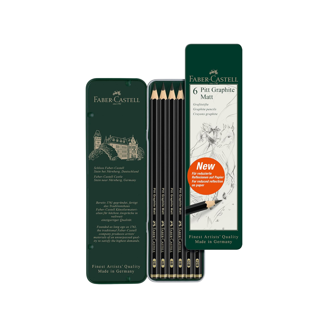 Faber-Castell Pitt Conjunto de lápis fosco, lata de metal com 6 lápis de grafite, conjunto de lápis de esboço e desenho (B, 4B, 6B, 8B, 10B, 12B)