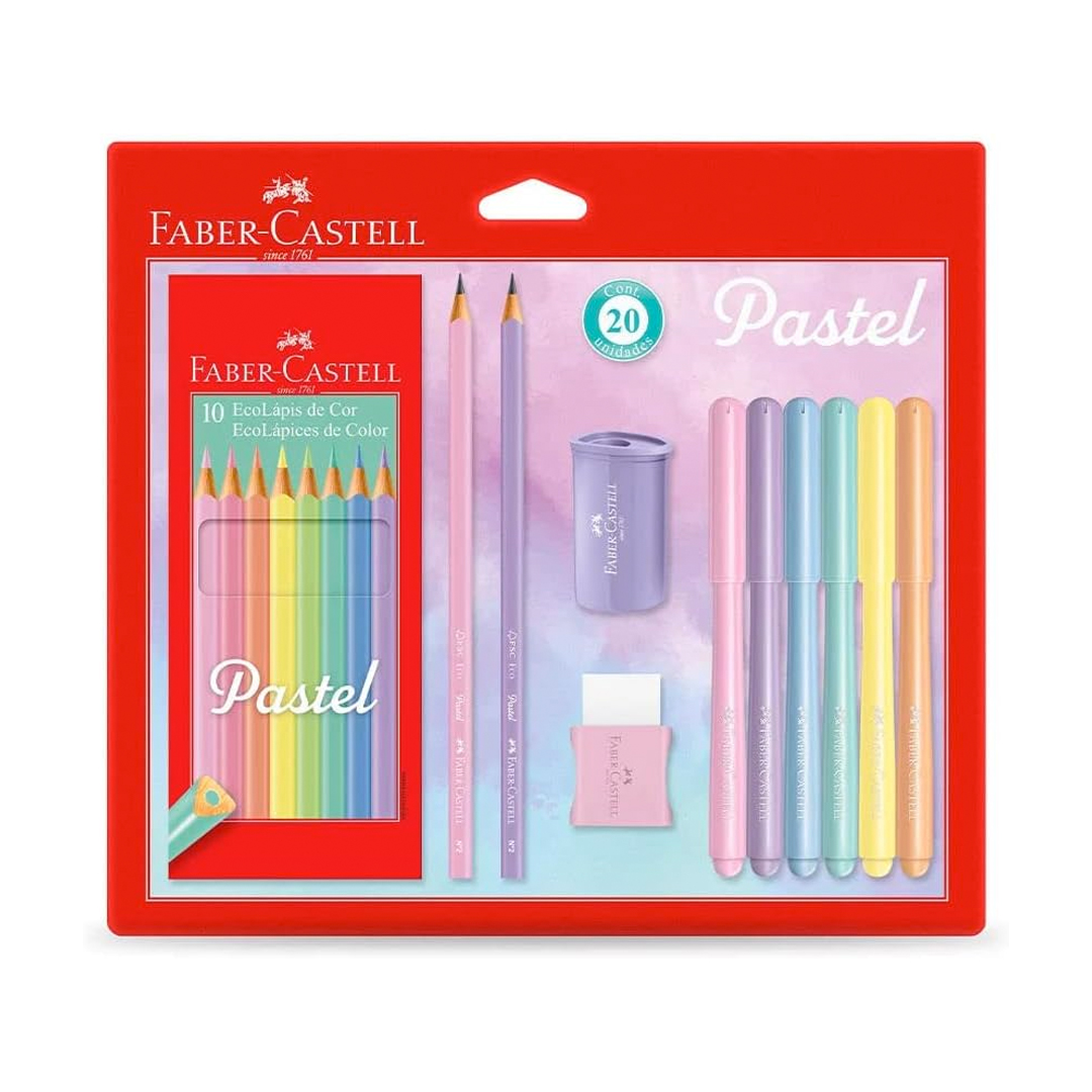 Kit Tons Pastel, Faber-Castell, KIT/PASTEL, KIT de 20, Lápis de Cor + Canetinhas + Borracha + Apontador + Grafite