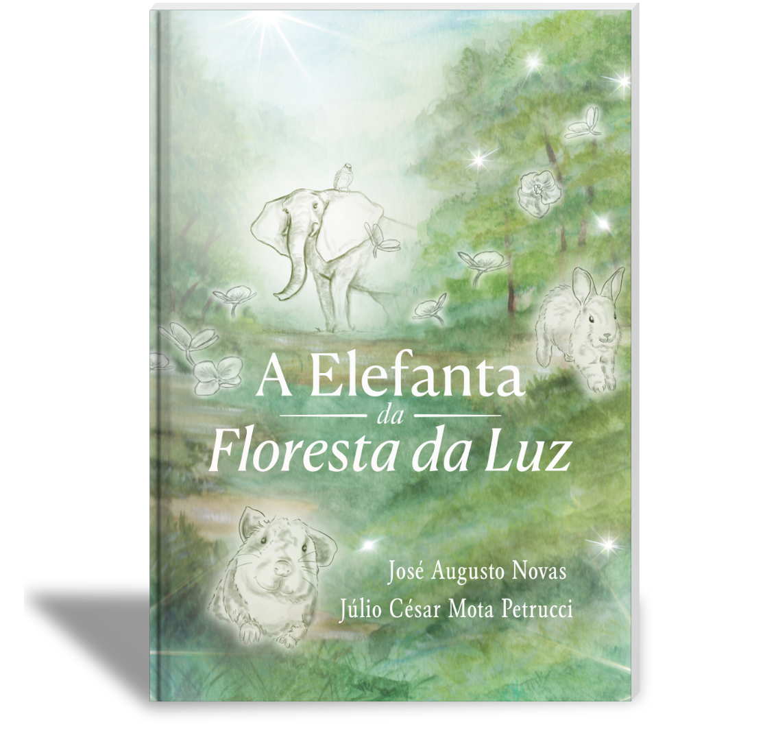 Capa do livro A Elefanta, parte da coleção Floresta da Luz. Ilustração de um elefante em traços suaves. Autores: José Augusto Novas e Júlio César Mota Petrucci.