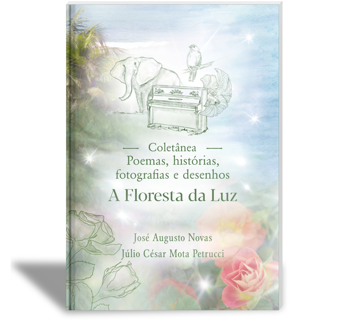 Capa da Coletânea A Floresta da Luz. O livro reúne poemas, histórias, fotografias, desenhos e partituras de José Augusto Novas e Júlio César Mota Petrucci. Capa com ilustração de piano, elefante e flores.
