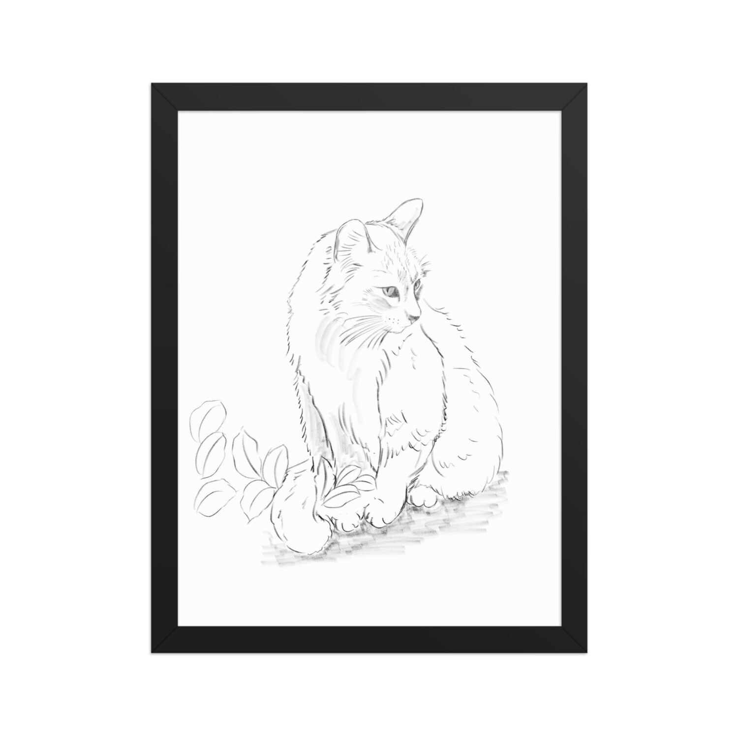 Pôster de papel fosco com moldura - Desenho do gato entre as folhas no jardim.