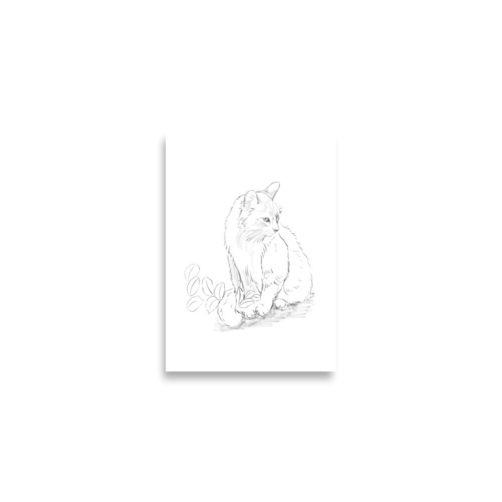 Pôster - Desenho do gato entre as folhas no jardim.