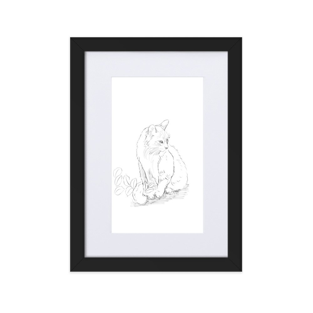 Alternative view of Pôster em papel fosco com moldura e paspatur - Desenho do gato entre as folhas no jardim.