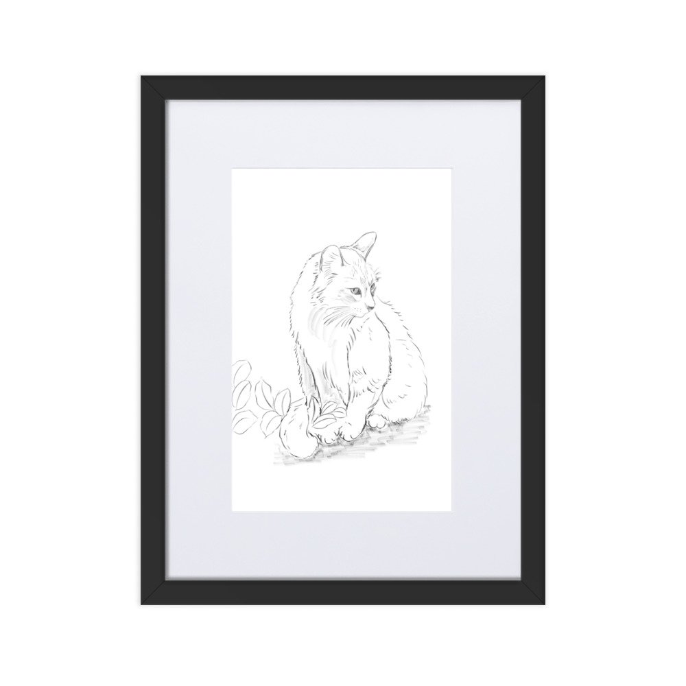 Pôster em papel fosco com moldura e paspatur - Desenho do gato entre as folhas no jardim.