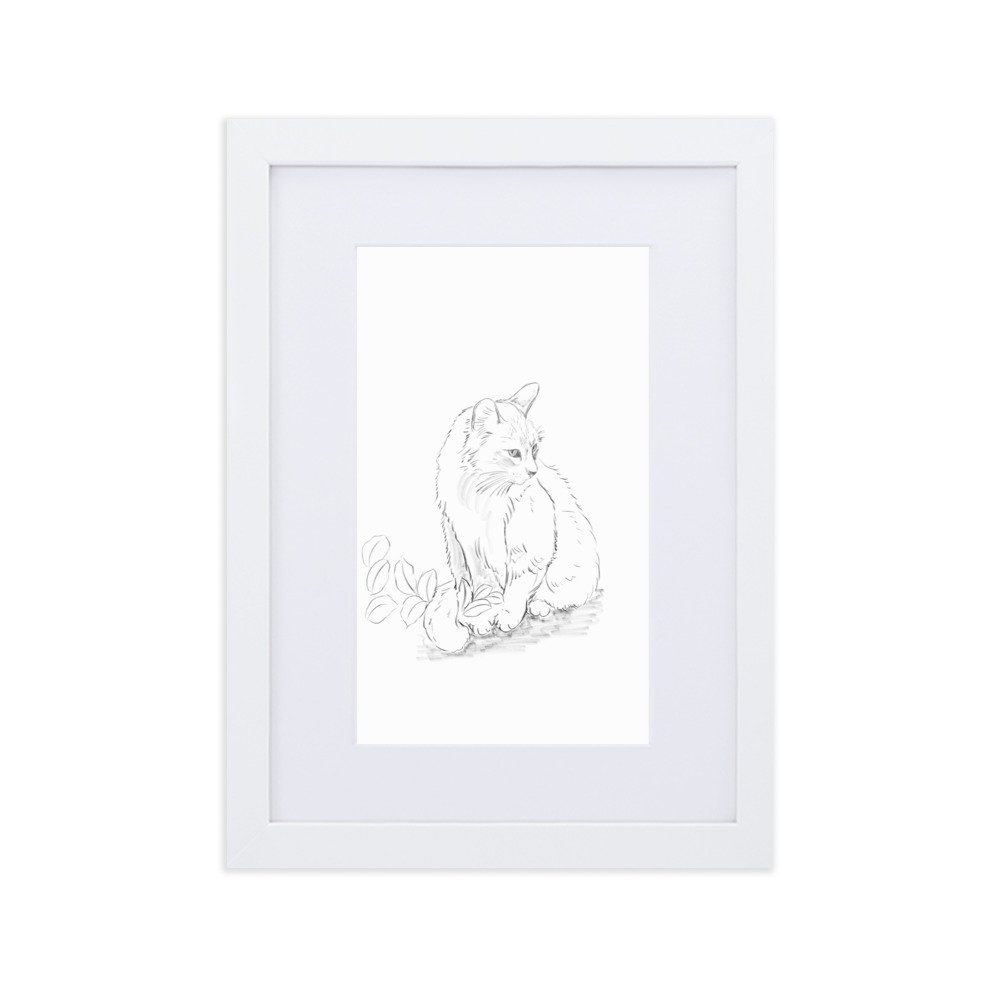 Pôster em papel fosco com moldura e paspatur - Desenho do gato entre as folhas no jardim. - Imagem 3
