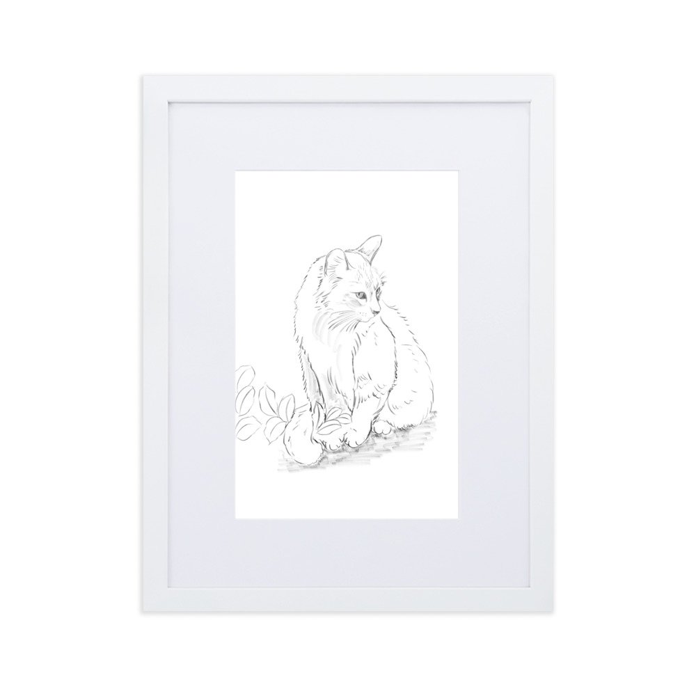Pôster em papel fosco com moldura e paspatur - Desenho do gato entre as folhas no jardim. - Imagem 4