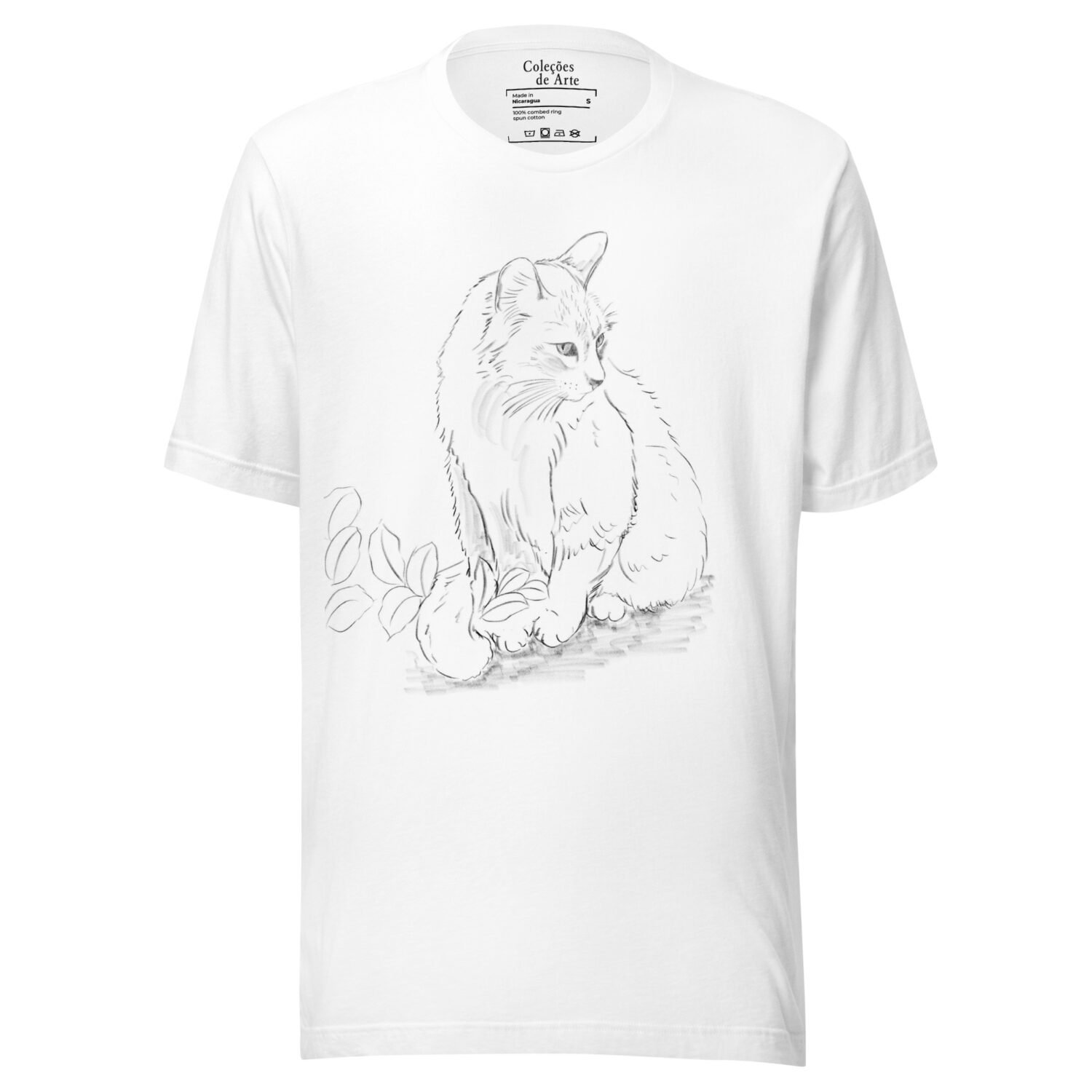 Camiseta unissex - Desenho do gato entre as folhas no jardim.