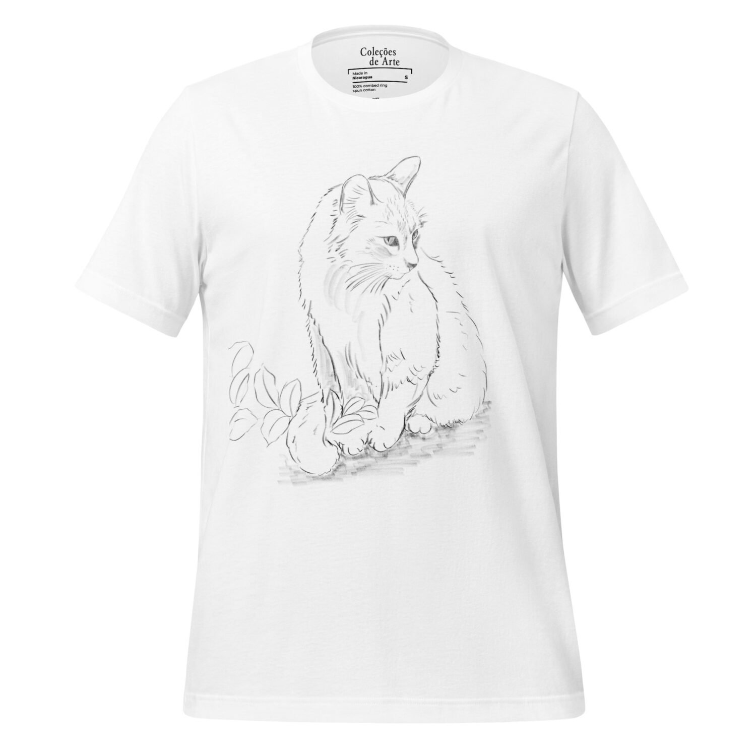 Camiseta unissex - Desenho do gato entre as folhas no jardim. - Imagem 4