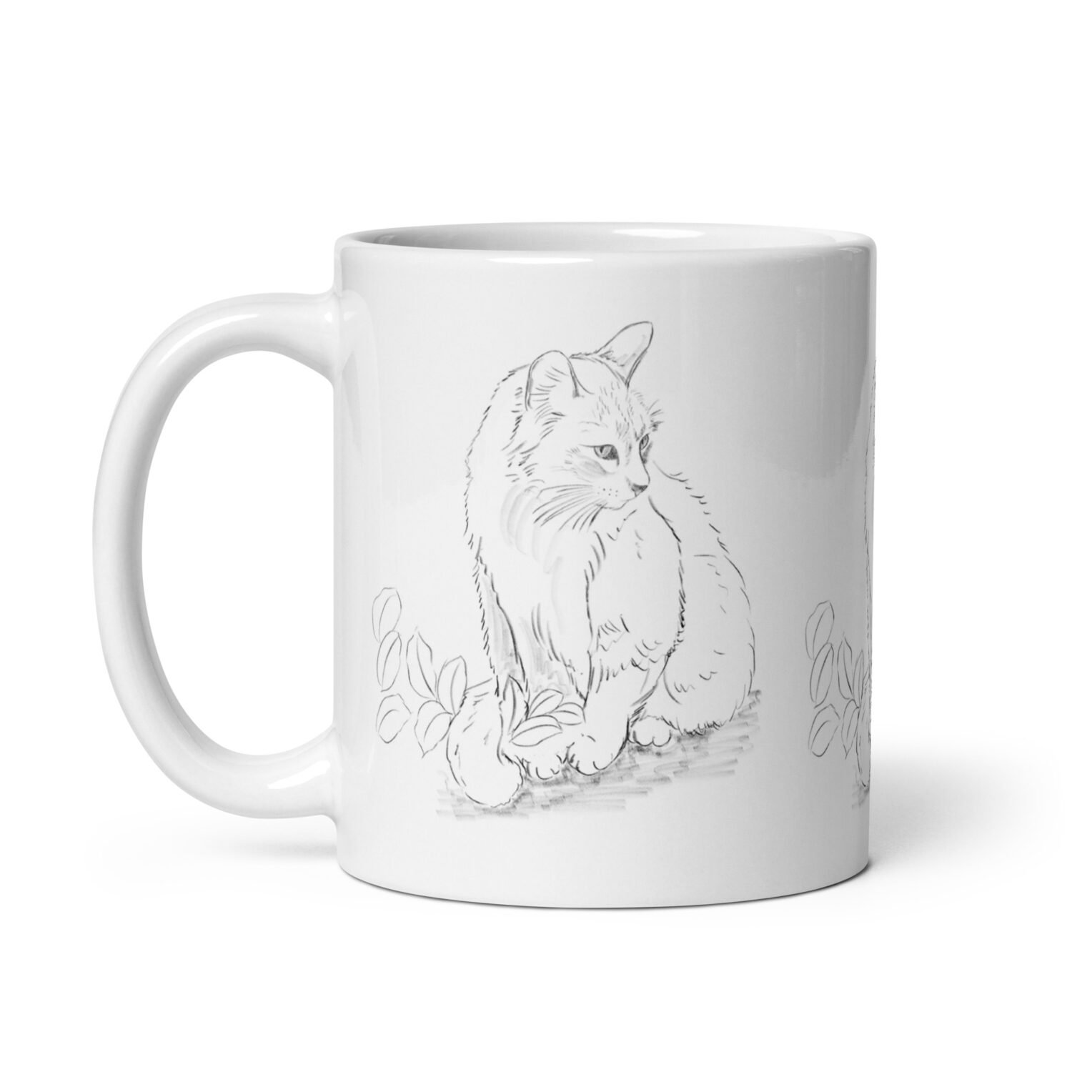 Caneca - Desenho do gato entre as folhas no jardim.