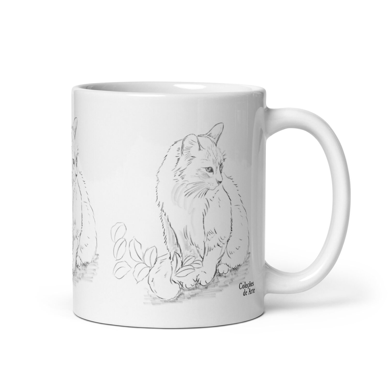 Alternative view of Caneca - Desenho do gato entre as folhas no jardim.